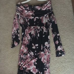 Floor length blue flowery dress